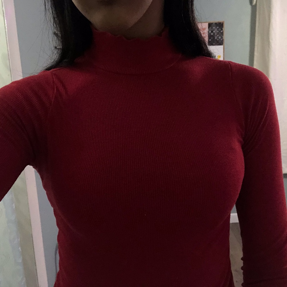 Red Ribbed Turtleneck Top